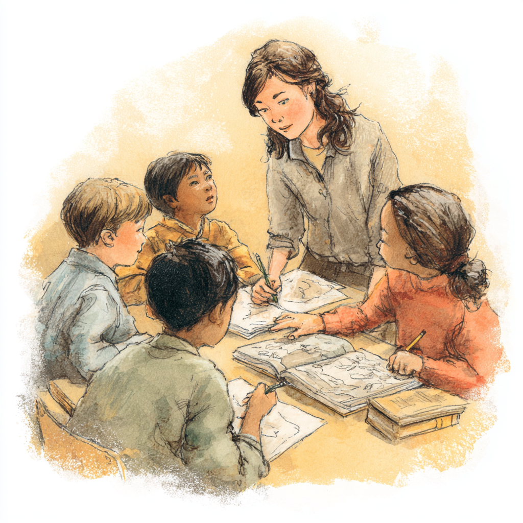 Third-grade teacher drawing with students